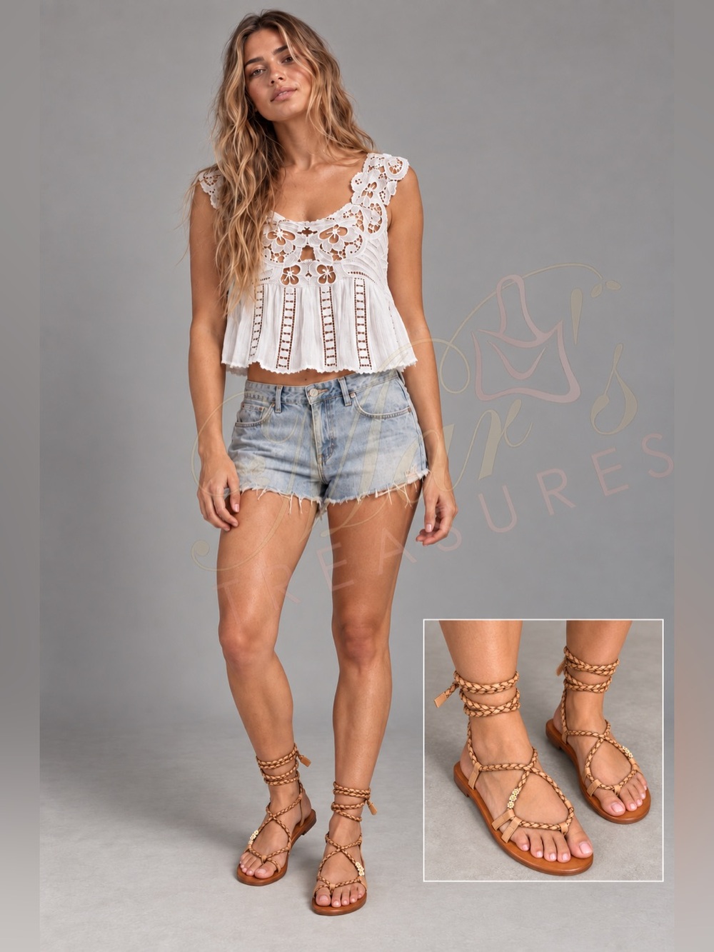 Free People daisy beaded lace up thong wrap leather sandals Sz 37